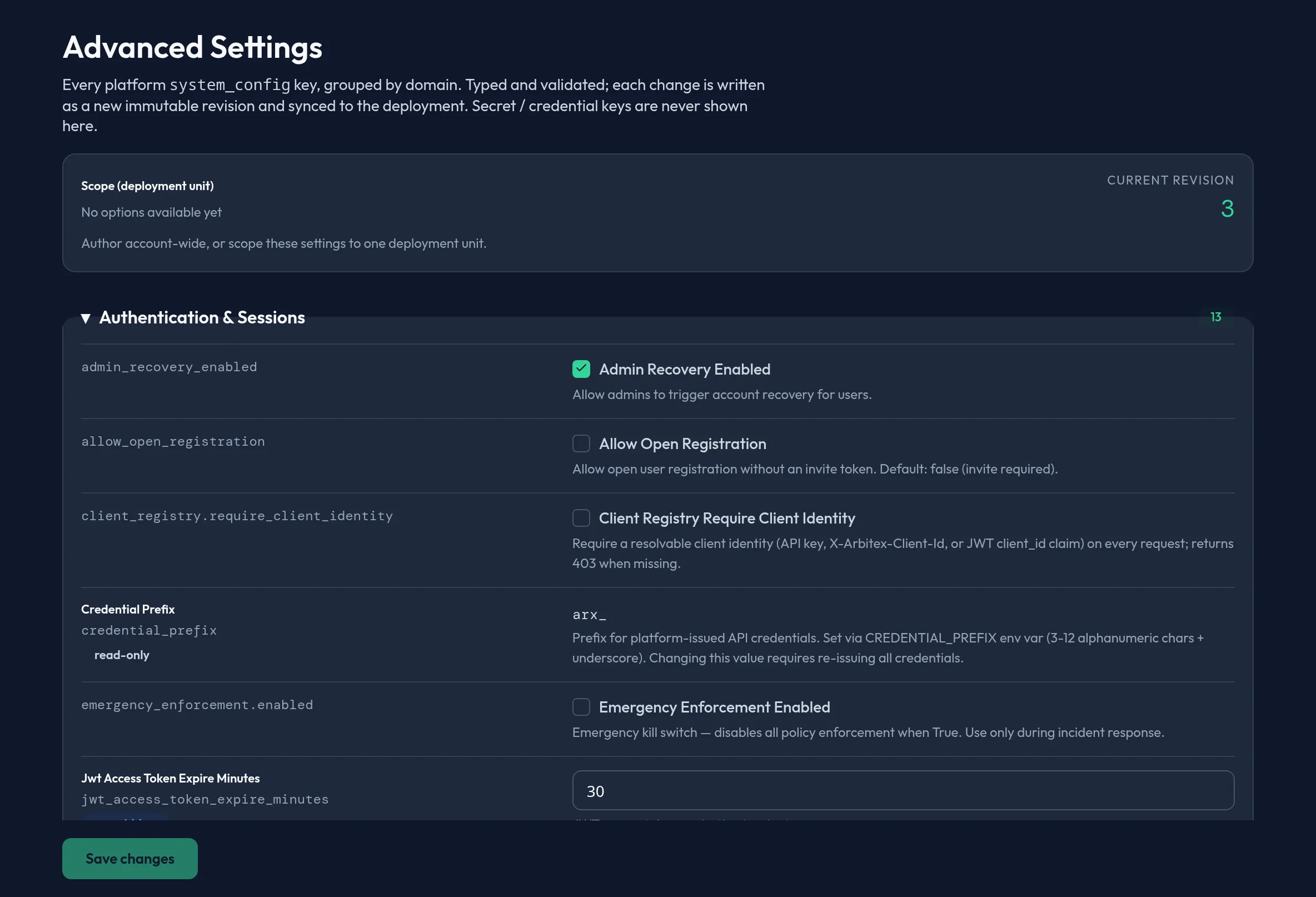 The Advanced Settings panel in the admin console, showing collapsible domain groups of typed system_config keys with a scope picker and a current-revision indicator.