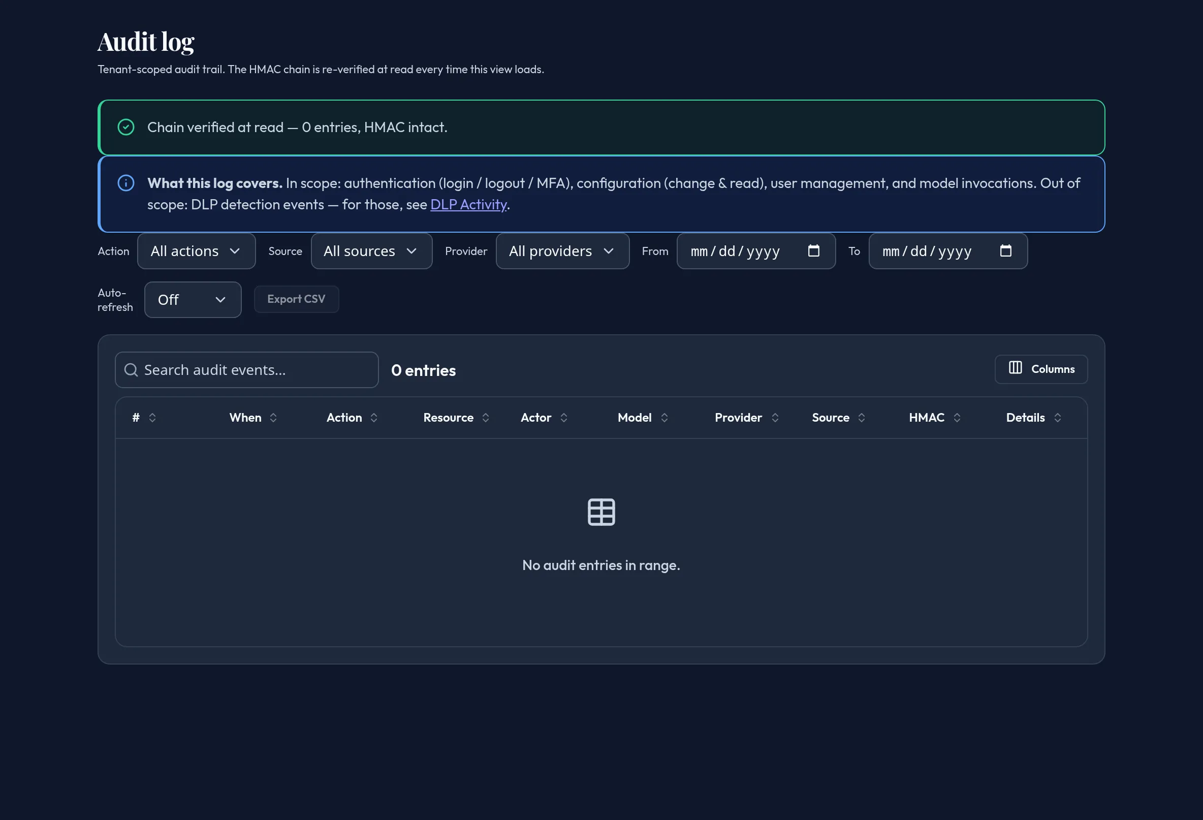The Audit log panel showing the chain-verified banner, a filter bar for action, source, provider, and date range, and a table of audit entries with a View action per row.