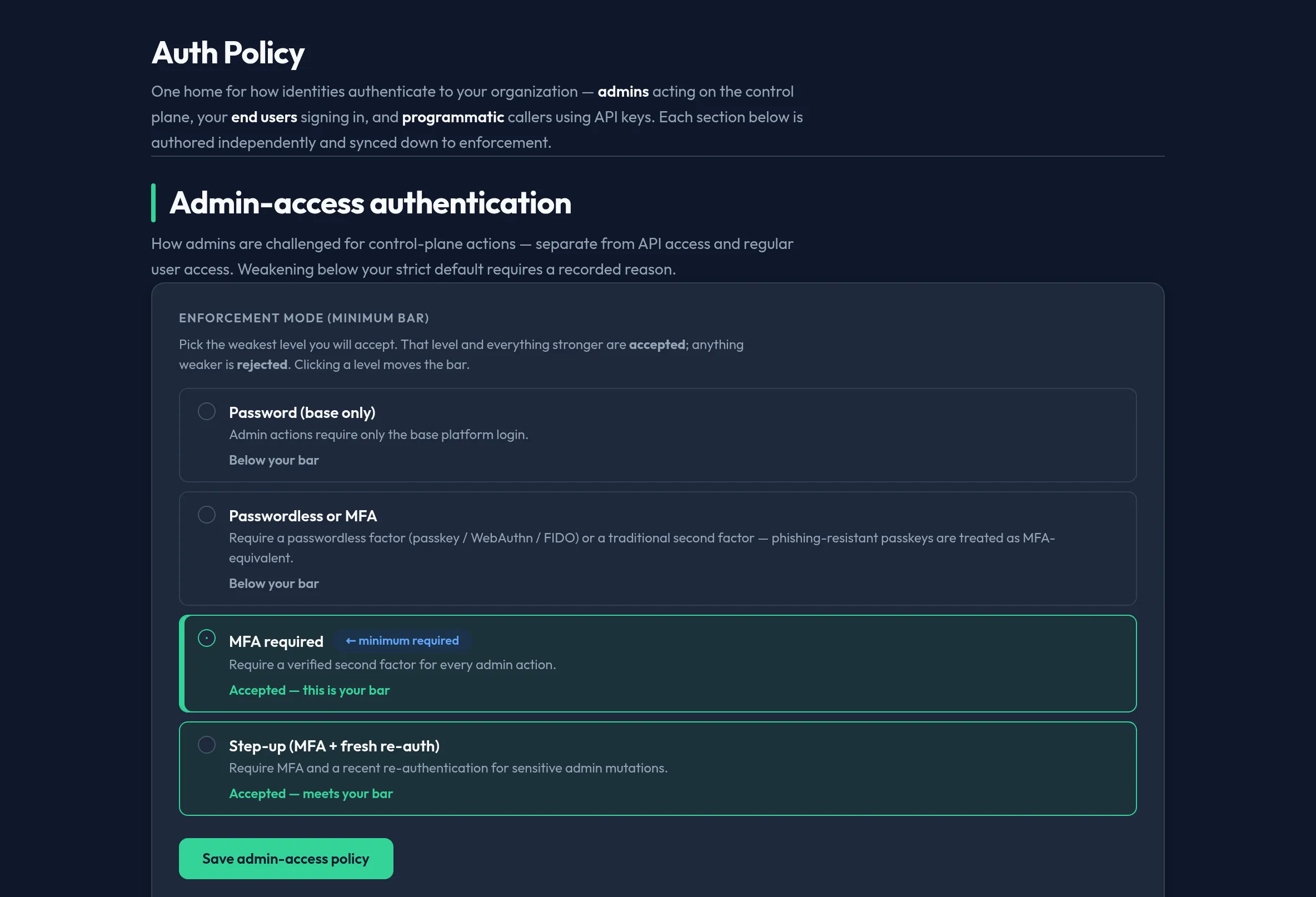 The Auth Policy surface with toggles for OIDC, SAML, and local sign-in, a test-connection button, and an SSO-only enforcement switch.