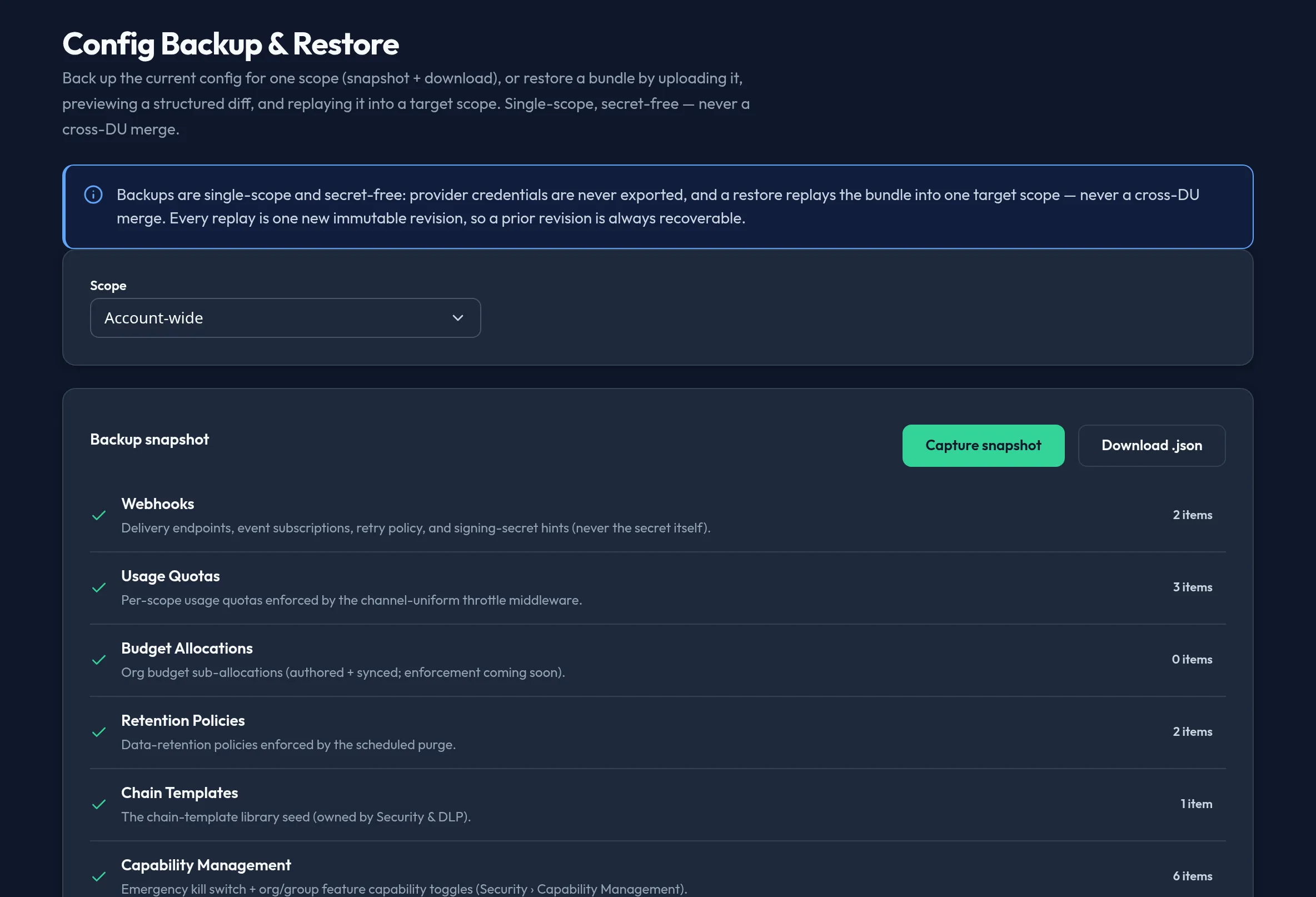 The Config Backup & Restore panel in the admin console, showing the scope picker, the backup snapshot manifest with per-domain object counts, and the restore upload/diff/replay flow.