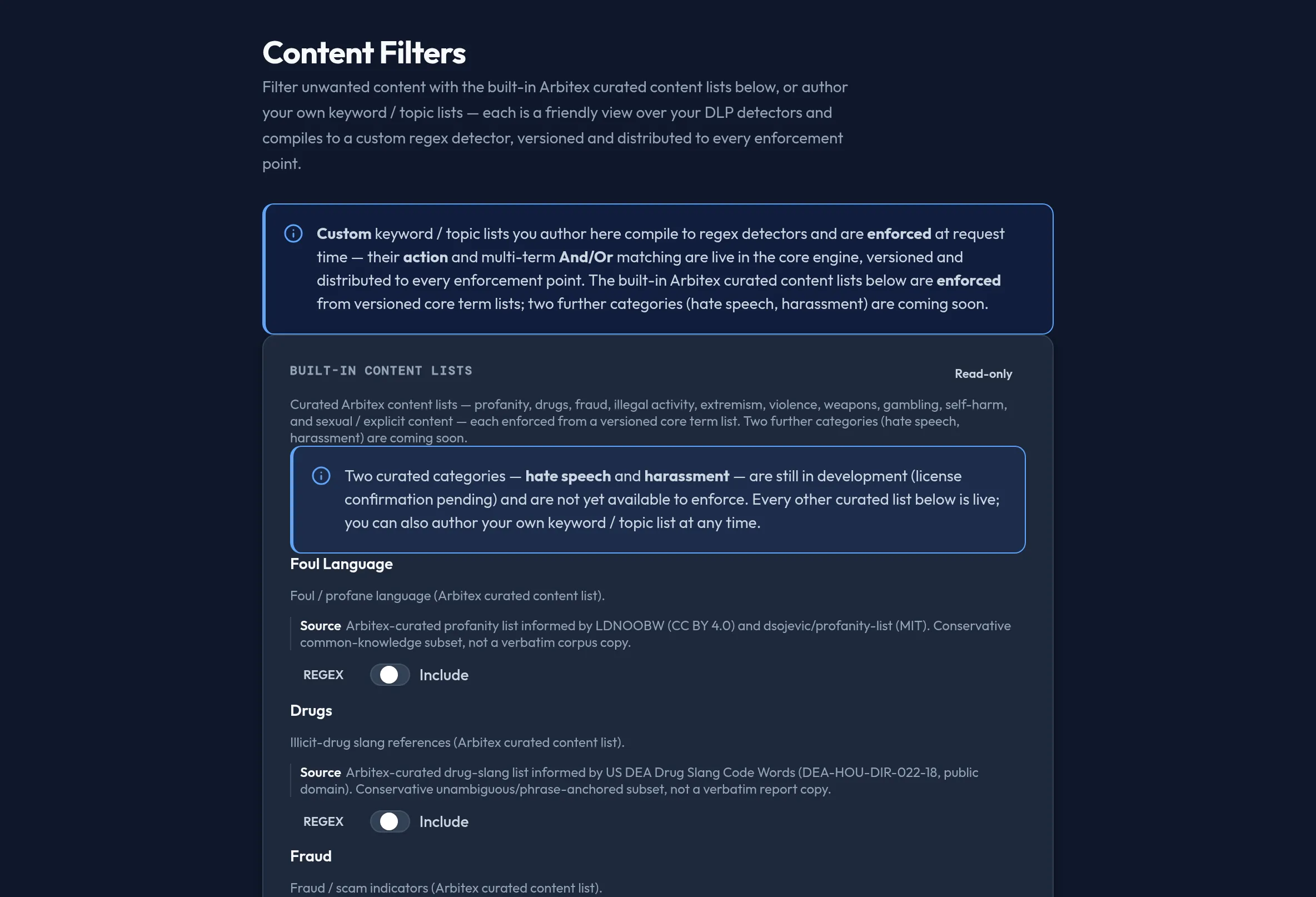 The Content Filters panel in the admin console, showing the built-in curated content-category list with Include toggles and action selectors, and a custom content lists section below.