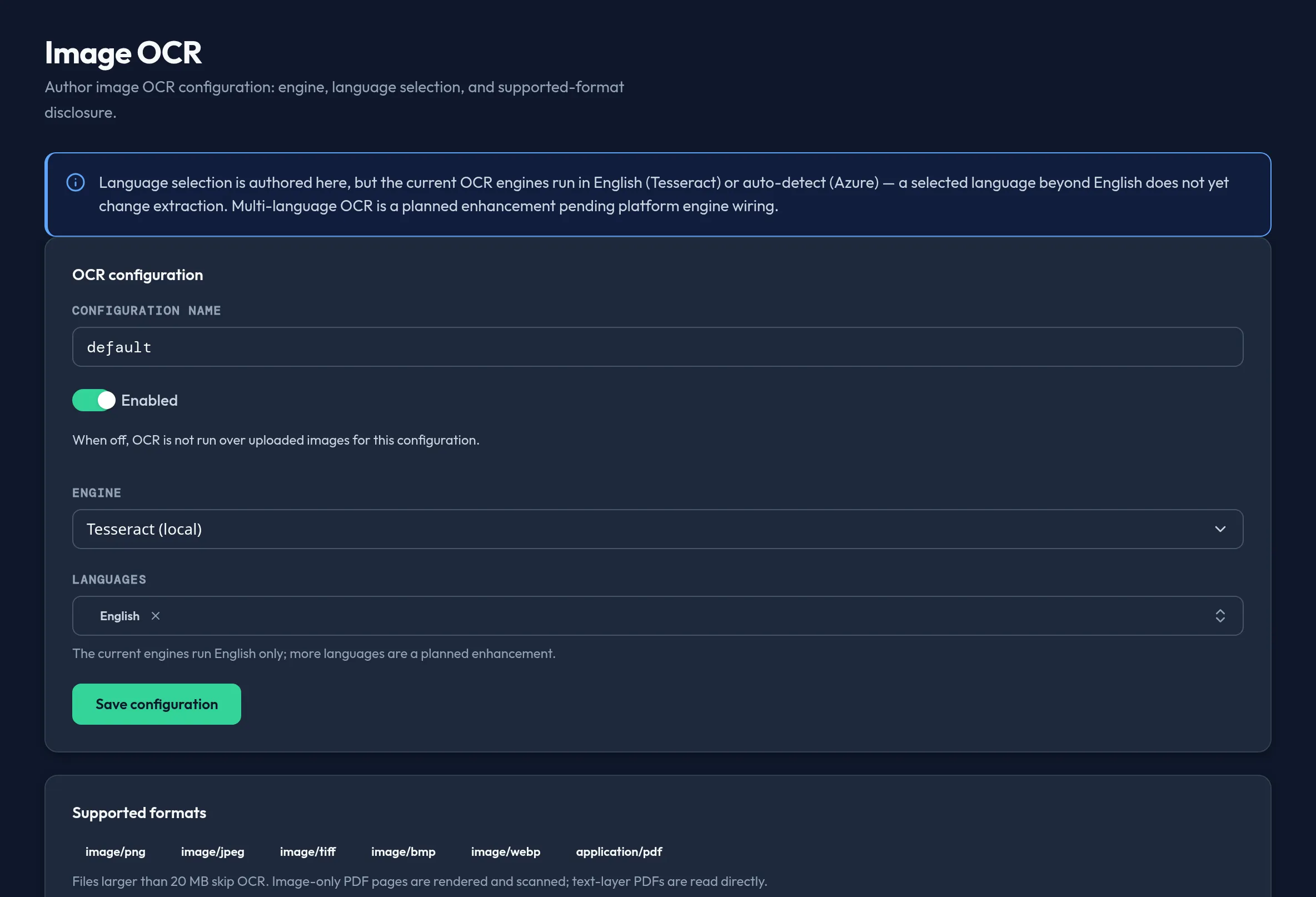 The Image OCR panel in the admin console, showing the engine selector set to Tesseract, a bounded language multi-select, the supported-formats disclosure card, and the English-only honesty banner.