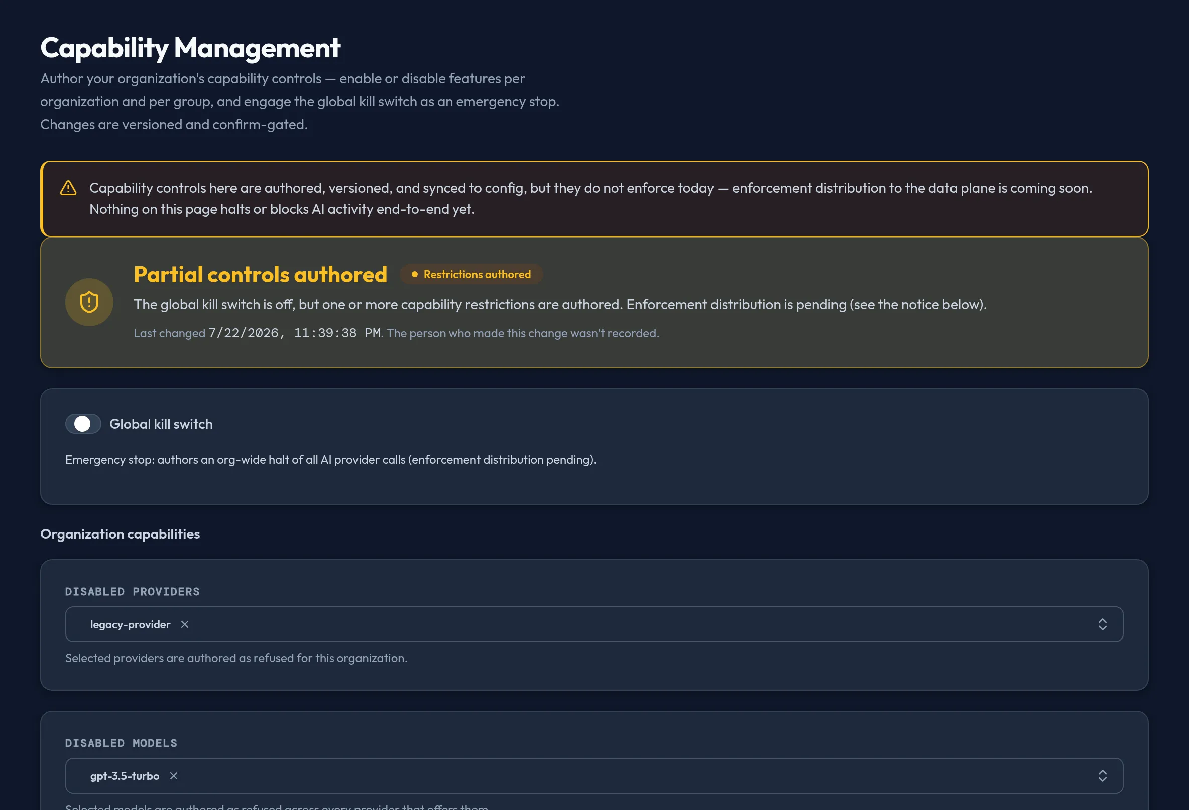 The former standalone Group Features panel in the admin console, listing groups with their Multimodal Enabled and Code Interpreter toggle states and an Enforcement pending badge.