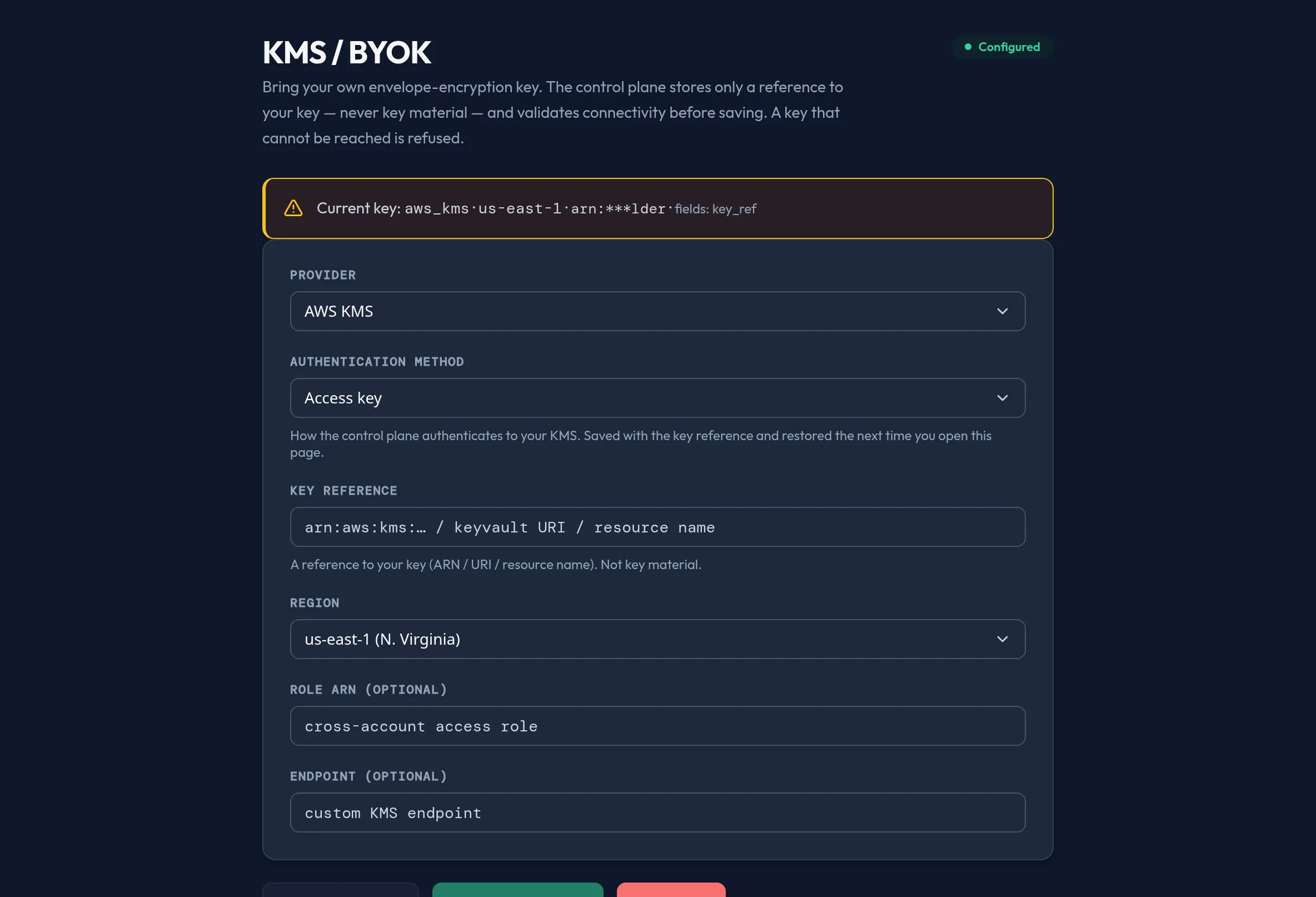 The KMS / BYOK panel in the admin console, showing the provider and authentication-method selectors, the key-reference field, a Test connectivity button, and the current configured-key summary.