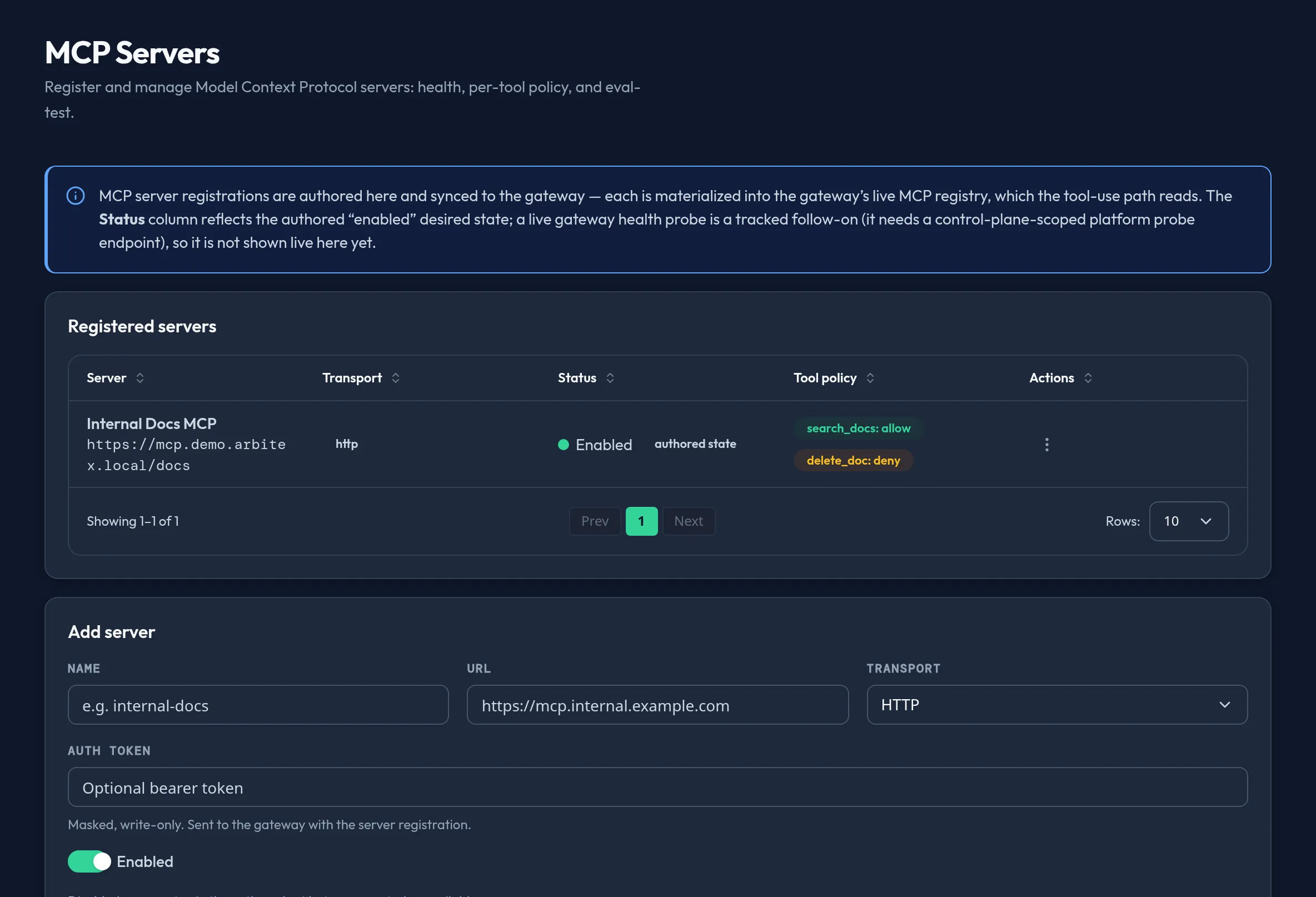 The MCP Servers panel in the admin console, showing the Add server form with Name, URL, Transport, and Auth token fields, a Tool policy list, and a table of registered servers with Health and Tool policy columns.