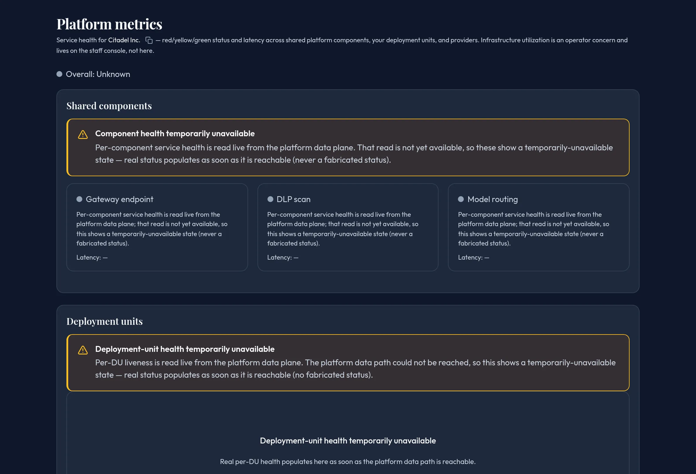 The Platform metrics panel showing an overall RYG status pill, a shared-components card grid with per-component status and latency, a deployment-unit health table, and a provider health table.